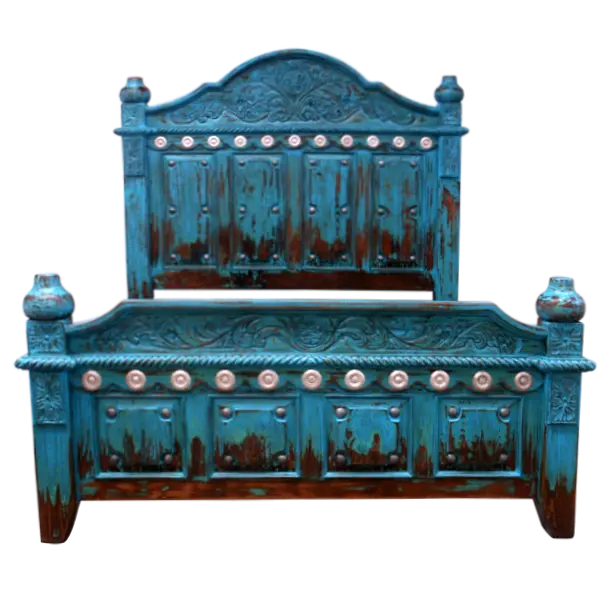 Cama-estilo-colonial-español-hecha-a-mano-acabado-turquesa-y-termino-rustico